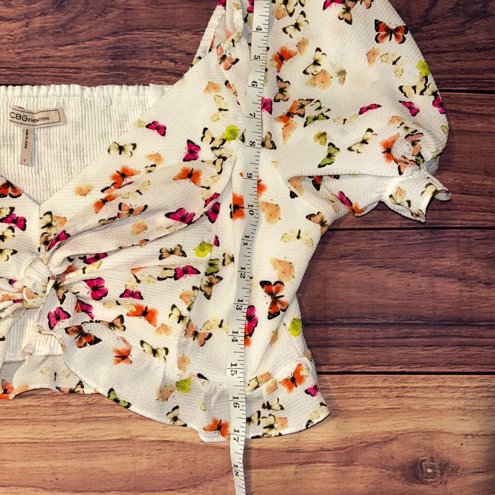 BCBG Generation Butterfly Print Crop Top - L - Puff Sleeve, Ruched Detail - Picture 10 of 11